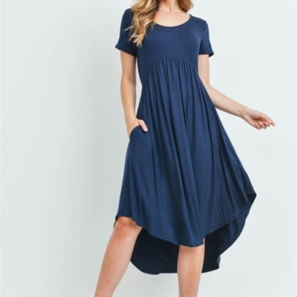 High Low Flowy Empire Pocket Short Sleeve Midi Dress Navy Blue L - Picture 1 of 4